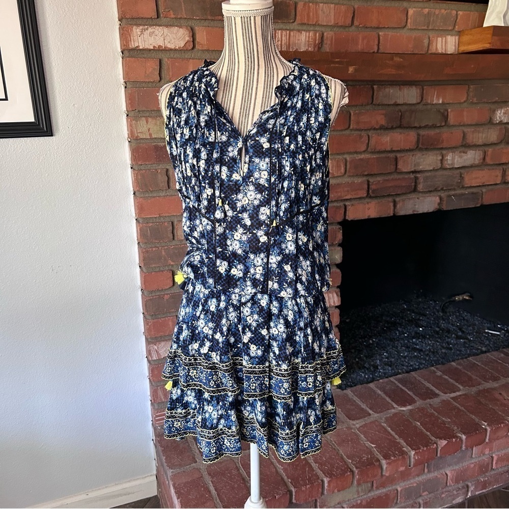 Poupette St. Barth Amora Floral Printed Tiered Mini Dress in Blue Sz S